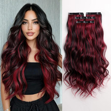 25 Inch Long Wavy Clip In Hair Extensions Black Burgundy 4 Pieces for Thick
