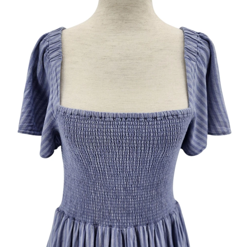 Madewell Womens Small Dress Linen Blend Lucie Smocked Midi in Stripe Blue Boho - Image 2 of 4