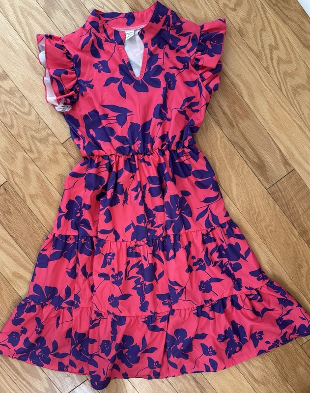 Girls Size 10Y Pink Purple Floral Tiered Ruffle Sleeve Dress- Elastic Waist EUC