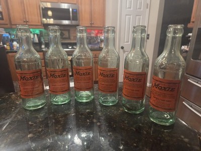 Lot 6 EMPTY Antique Moxie Soda Bottle Original Label 7oz Embossed PLEASE READ