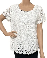 Talbots Shirt Blouse Crochet Lace Womens 12 White Cream Short Sleeve Side Zip