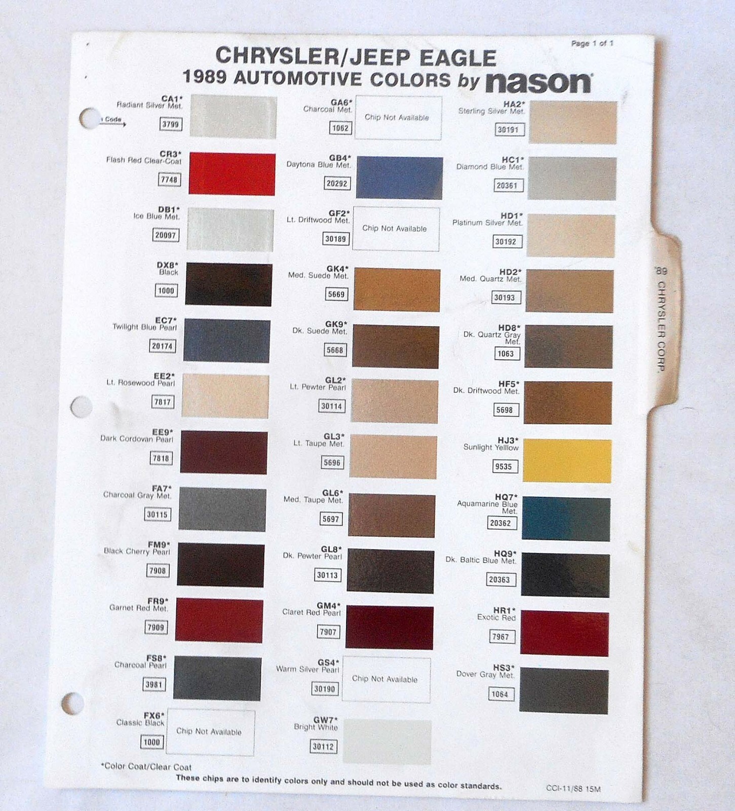 1989 CHRYSLER PLYMOUTH DODGE NASON COLOR PAINT CHIP CHART ALL MODELS MOPAR eBay