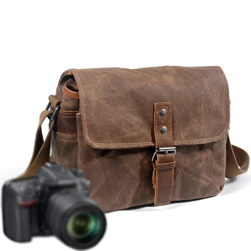 Unisex Canvas Leather Sling Shoulder Bags Shockproof Camera Bag Messenger Bags Foto 3 de 4