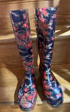 Easy USA Boots Waterproof Knee Boots Black w/flowers Size 6