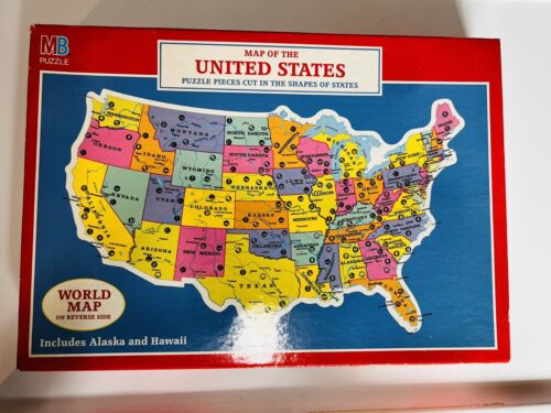 Vintage 1988 MB  Map of the United States & World Map 2 Sided Puzzle - Afbeelding 1 van 3