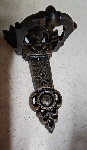 Vintage Cast Iron Cherub Angel Metal Door Knocker Decor 8" x 4.5" x 1" - Picture 7 of 9