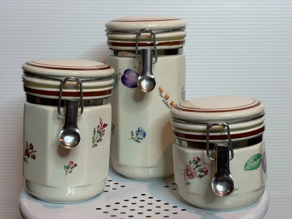 Juego de 3 botes de sellado de cerámica con bloqueo tarros de café para galletas patrón floral de frutas Foto 2 de 4