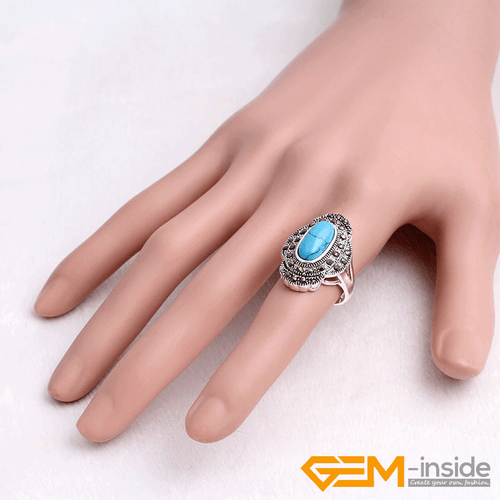 Natural Oval Egg Agate Gemstone Tibetan Silver Ring Marcasite Women Jewelry Gift - Picture 14 of 44