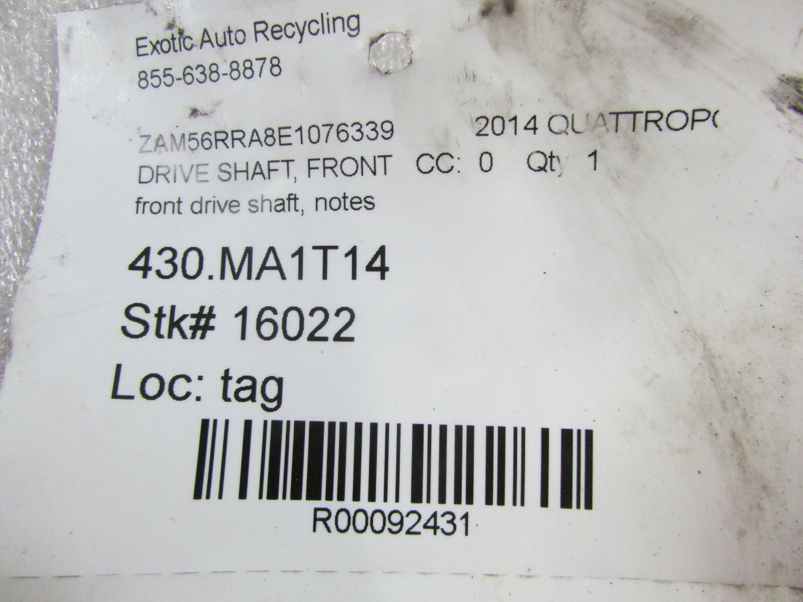 2014 Maserati Quattroporte, Front Drive Shaft, Used, P/N 670003770