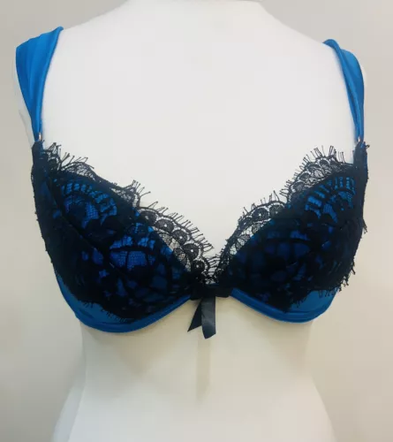 Myla London bright blue satin and lace padded plunge bra 32C NWT