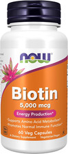 NOW Foods Biotin 5000mcg, Amino Acid Metabolism, Energy Production, Capsules