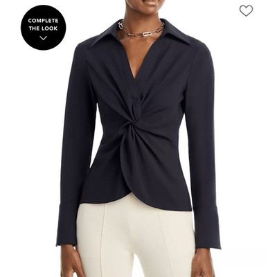 Cinq a Sept McKenna Twist Front Top Blouse Long Sleeve Collared V-Neck Black S