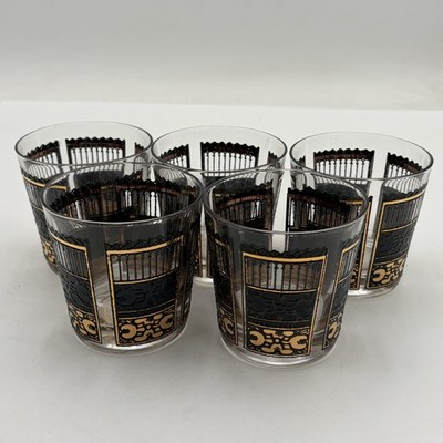 Set Of 5 VTG Capri of California Rocks Glasses Black Gold Signed MCM Bar Glass