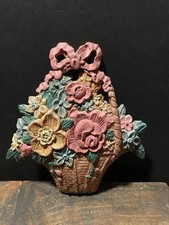 Vintage Molded Floral Basket Wall Plaque Pink Yellow Green