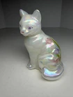 Fenton Art Glass Stylized Cat Opal Iridized Sitting Cat Hand Painted Signed