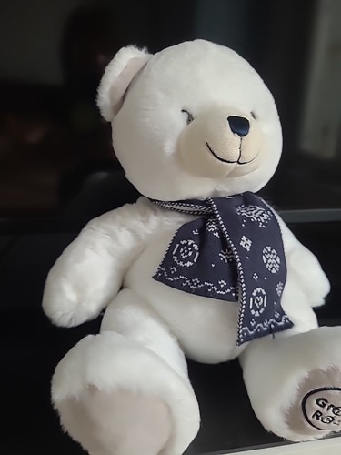 DOUDOU PELUCHE LA GRANDE RECRE OURS BLANC ECHARPE BLEUE TBE 33CM Assis - Picture 5 of 8