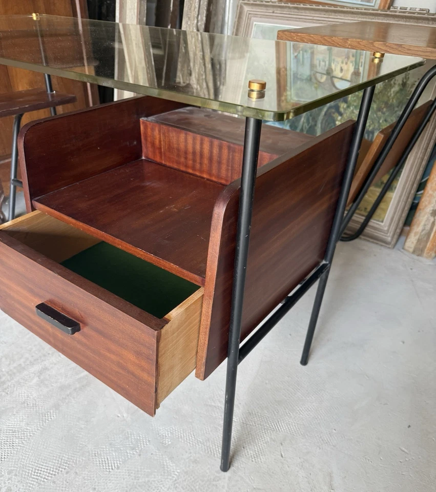 BUREAU MAGNIFIQUE 1950-1960 PALISSANDRE Bois & Verre & Métal - Photo 2/4