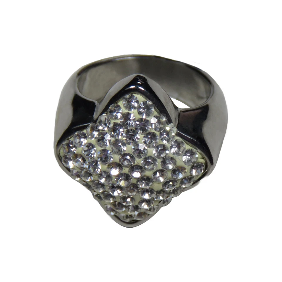 Women's Polished Stainless Steel Ring with White Square and CZ Accents, Size 7 - Image 3 of 3