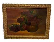 Vintage Oil on Canvas Still Life Painting - Red Roses in Vase, Framed 16x22