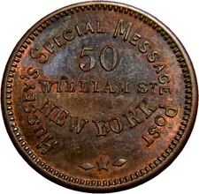 New York, 1863 Hussey's Message Post Time Is Money  Civil War Token (0152)