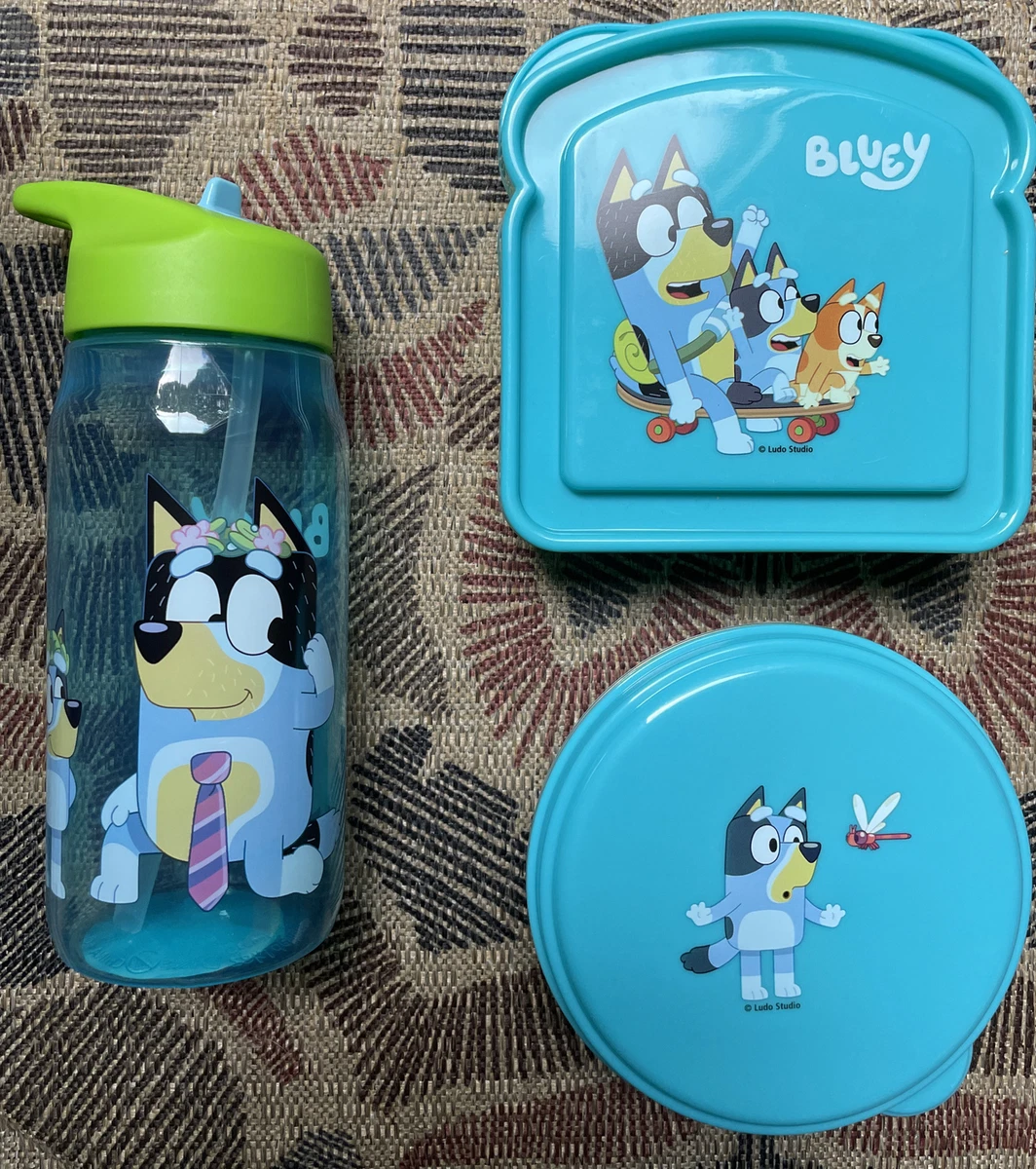 Bluey water bottle, sippy cup, sandwich and snack container