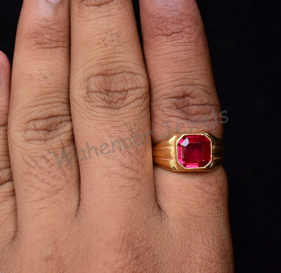 Natural Red Ruby Asscher 925 Sterling Silver Ring Vintage Look For Men Certified - Image 4 of 4