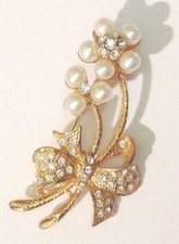broche rétro floral bijou vintage perle nacrée cristal diamant couleur or * 3844