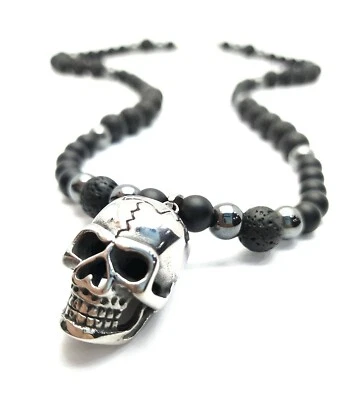 Herren Halskette Skull Edelstahl  Onyx Lava kette totenkopf Bikerkette Geschenk - Bild 1 von 4