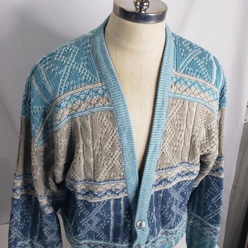 Vintage Saturdays 80s 90s Mens Cardigan Sweater Sz XL Geometric Acrylic - Picture 3 of 7