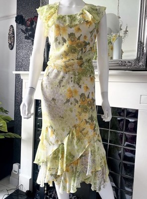 Vintage 90s Y2K Fairycore Floral Chiffon Ruffled Set - Top & Midi Skirt