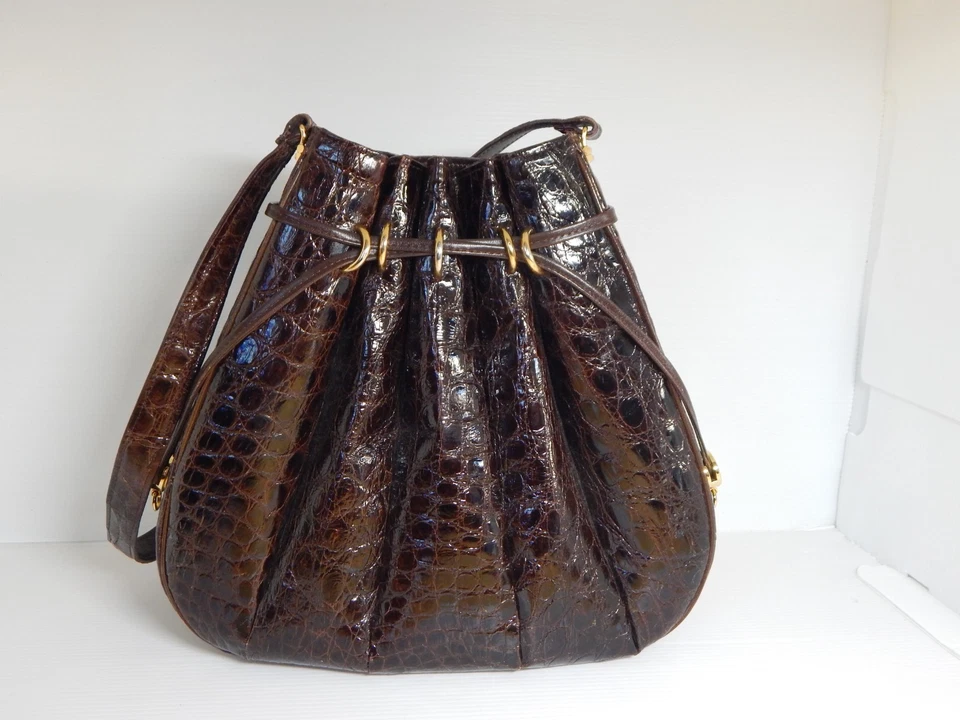 Genuine Chocolate Colored Crocodile Skin Bucket Bag Purse 10.5" tall x 12" wide - Image 2 of 4