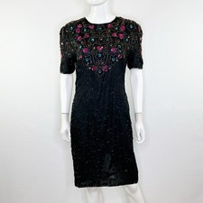 Vintage J.M.C. Black Beaded Sheath Dress Size S Short Sleeve Formal Classic