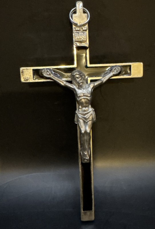 Vintage Crucifix Made In Italy Black Enamel & Silver Metal  5.5” X 3”