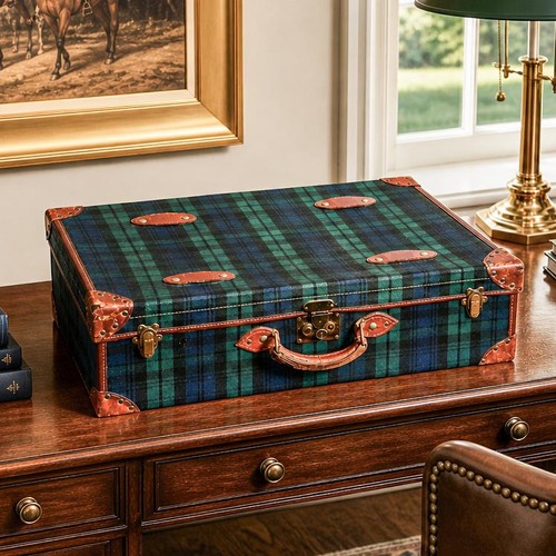 Heritage Style Vintage Tartan Leather Suitcase Home Decor Prop Storage