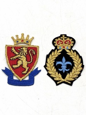 Vintage Embroidered Heraldic Patch Lot 2 Lion Shield Fleur de Lis Gold Metallic