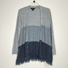 Style & Co Womens Size S/M Tri Blue Open Front Cardigan With Fringe Boho Western
