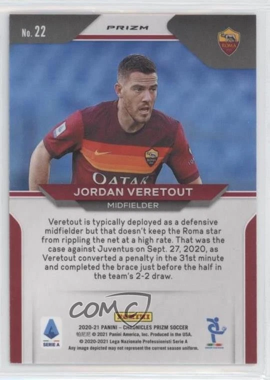 2020 Panini Chronicles Serie A Blue Shimmer Prizm Jordan Veretout #22 Rookie RC - Image 2 of 2