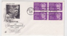 TurtlesTradingPost- Eleanor Roosevelt - 1963- #1236 FDC Artcraft Block of 4