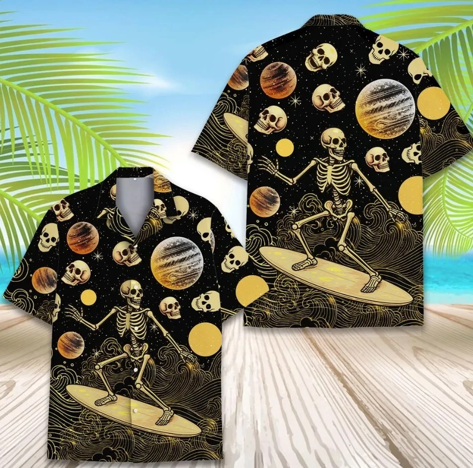 Skeleton Surfer Space Hawaiian Shirt for Men Women , Galaxy Skull Shirt But