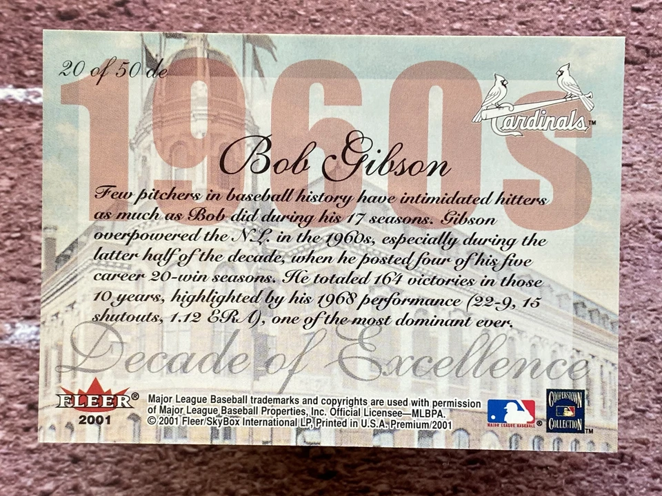 2001 Fleer Premium Decade of Excellence Bob Gibson #20 de - Image 2 of 2