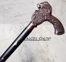 Antique Lion Head Handle 3Fold Brown Wooden Walking Stick Cane