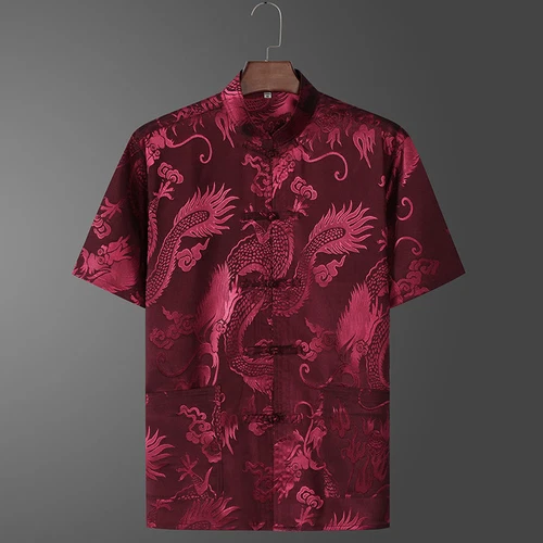 Men's Silk Satin Tang Shirt Tops Dragon Print Short Sleeve Chinese T-shirt Pants - Picture 16 of 16