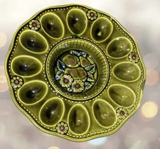 Vintage Green Majolica Style Deviled Egg Tray Platter Made In Japan 9.5”