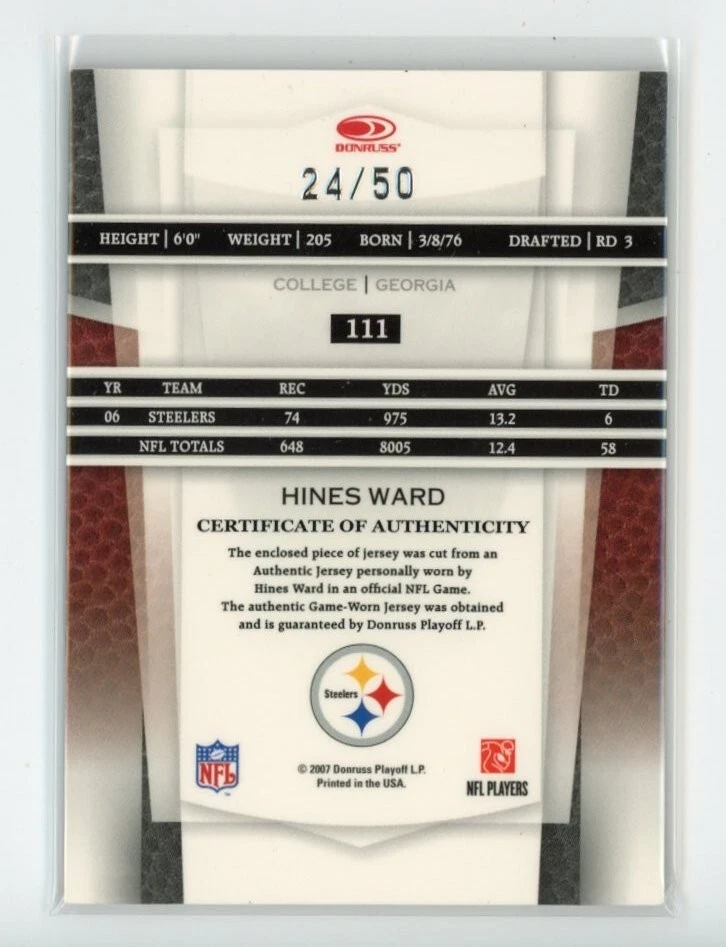 HINES WARD #111 2007 LEAF CERTIFIED MATERIALS GAME-USED JERSEY CARD #/50 - Image 2 of 2
