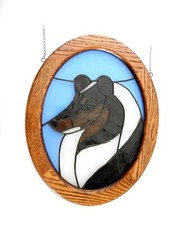 Vintage Hand Made Stained Glass Black Collie Dog Sun Catcher Signed Oak Frame