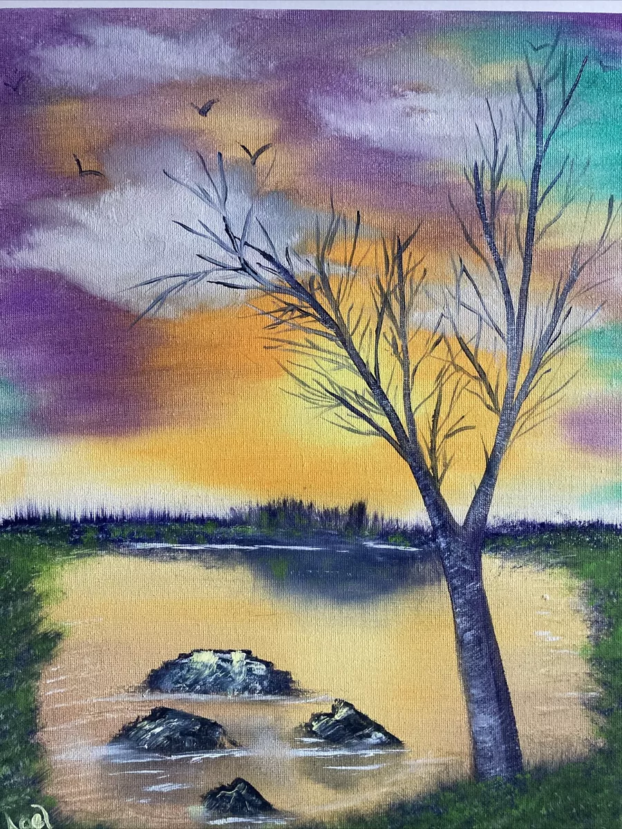 Canvas Oil Painting 11x14 Bob Ross Inspired Stick Tree Birds Sky