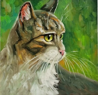 Cat oil painting original. Painting animal by photo for cat lovers. 25x25 cm