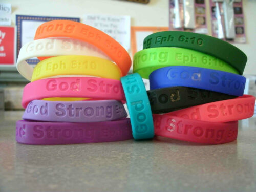 God Strong Bracelet, Silicone, Eph 6:10, Christian, Religious, Sunday School - Afbeelding 1 van 1