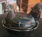 Rare Vintage Fenton Carnival Glass Hen On Nest With Blue Purple And Gold