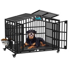 48" Heavy Duty Dog Crate, Large Dog Cage Metal Dog Kennel ,Double Doors w/Wheels